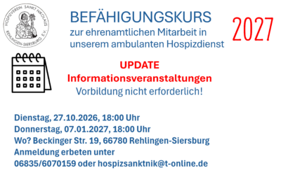 Termine für die Informationsveranstaltungen für den Befähigungskurs zur ambulanten Hospizbegleitung im Jahr 2027